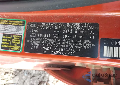 2008 Kia Rio Lx z USA, uszkodzony, nr VIN KNADE123186334642